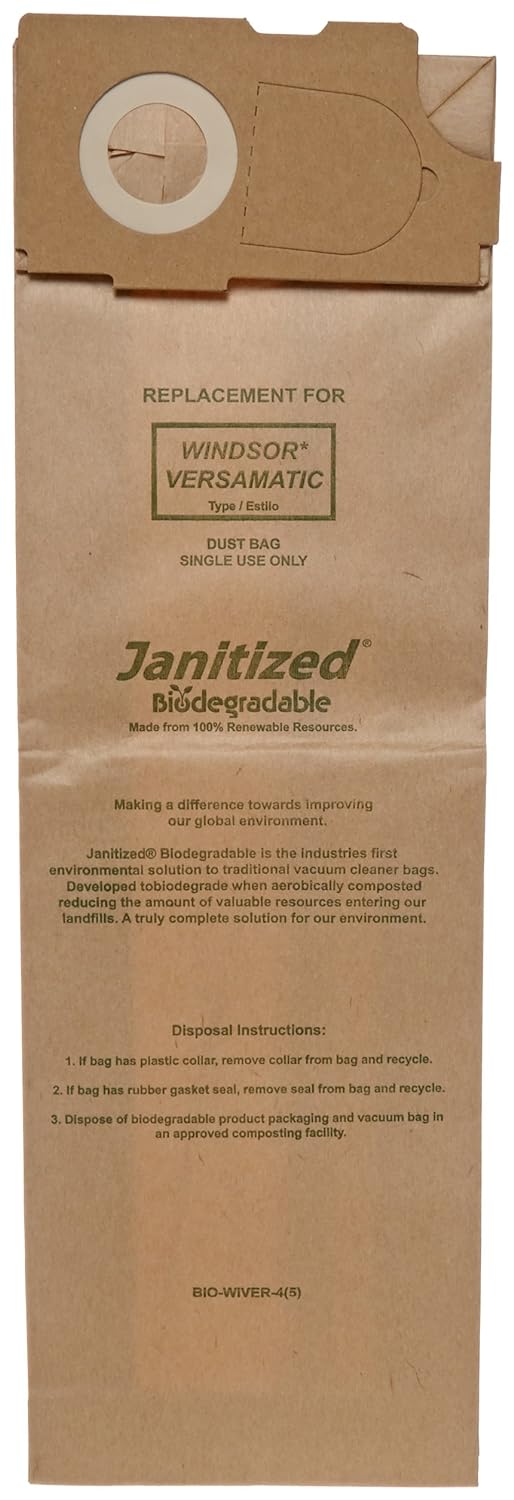 Janitized COM-Wiver-4(5) Compostable Paper Premium Replacement Commercial Vacuum Bag for Windsor Versamatic, Karcher/Tornado Models: CW50 & CW100, Triple S Prosense II Vacuums (Pack of 50)