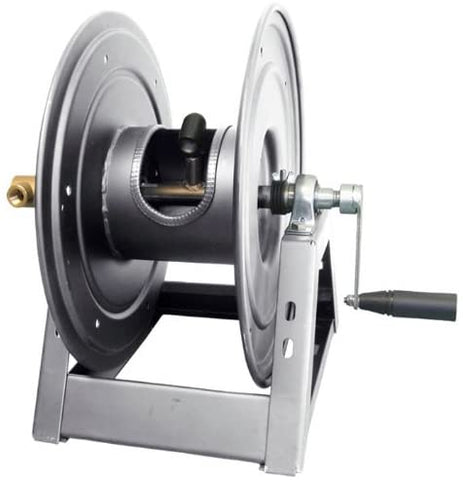 General Pump DHRA50150 3/8" x 150' Charcoal Grey Steel Hose Reel with Flat Sidewalls, A-Frame, Pin Lock & Brake and Stainless Steel Swivel Inlet, 5000 PSI