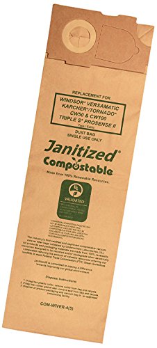 Janitized COM-WIVER-4(5) Compostable Paper Premium Replacement Commercial Vacuum Bag For Windsor Versamatic, Karcher/Tornado Models: CW50 & CW100, Triple S Prosense II Vacuums (Pack of 5) - CalCleaningEquipment