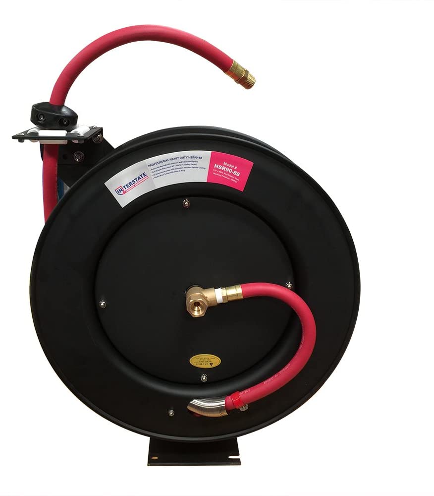 Interstate Pneumatics HSR90-86 Professional Grade Retractable Hose Reel with 1/2 inch x 50 feet Rubber Hose