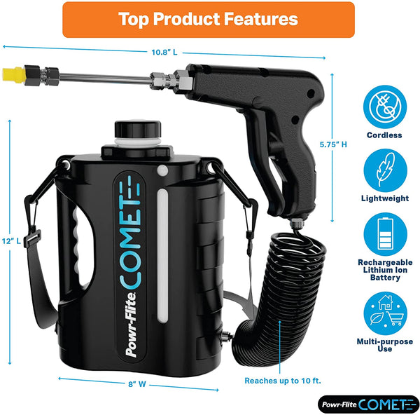 Comet Multipurpose Battery-Operated Sprayer by Powr-Flite – 52 Micron Atomizer Sprayer with 3 ft. Reach for Disinfecting