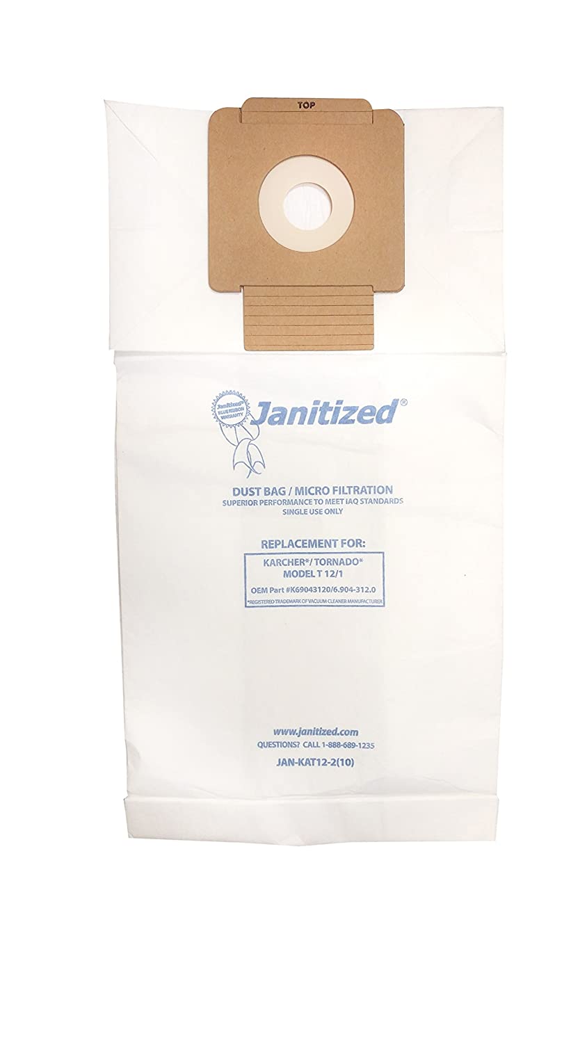 Janitized JAN-KAT12-2(10) Premium Replacement Commercial Vacuum Paper Bag, for Karcher/Tornado Model T12/1 Vacuum Cleaner (10-10 Packs)