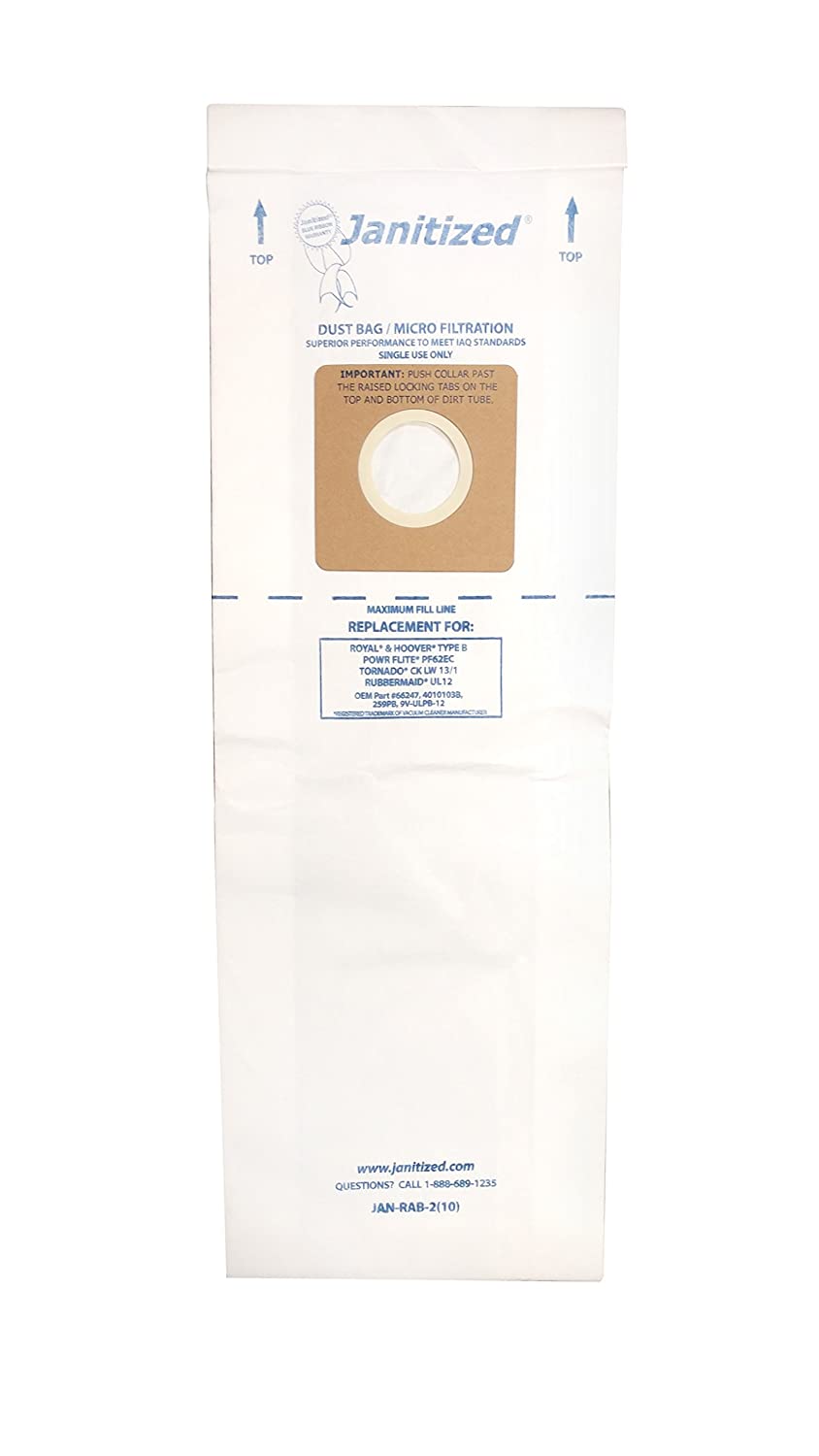 Janitized JAN-RAB-2(10) Premium Replacement Vacuum Paper Bag, Royal B, Hoover B, Rubbermaid UL12, Power Flite PF62EC, OEM#66247, 1801406000, 4010103B (Pack of 10)