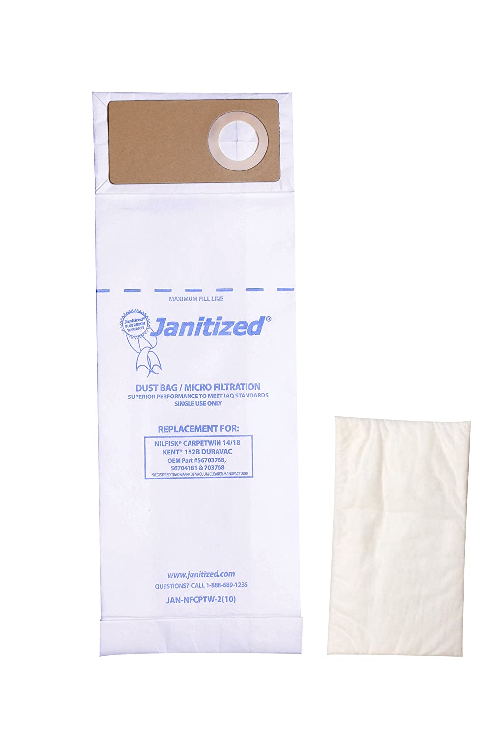 Janitized JAN-NFCPTW-2(10) Premium Replacement Commercial Vacuum Paper Bag, Nilfisk Advance CarpeTwin Upright 14/18, Advac and Kent 152B, DuraVac, OEM# 56703768, 56704181 and 703768 (Pack of 10)