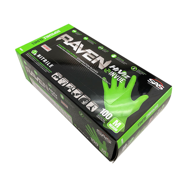 SAS Safety RAVEN HiViz Neon Green Nitrile Gloves (formerly Derma VUE), Size MEDIUM, 7 MIL, Powder Free - 10 Boxes of 100 Gloves By Weight (1000 Count)