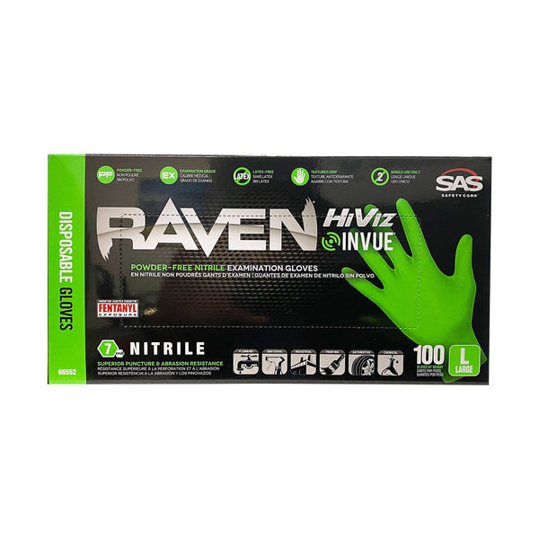 SAS Safety RAVEN HiViz Neon Green Nitrile Gloves (formerly Derma VUE), Size LARGE, 7 MIL, Powder Free - 10 Boxes of 100 Gloves By Weight (1000 Count)