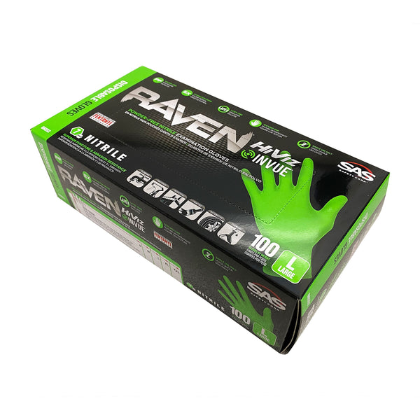 SAS Safety RAVEN HiViz Neon Green Nitrile Gloves (formerly Derma VUE), Size LARGE, 7 MIL, Powder Free - 10 Boxes of 100 Gloves By Weight (1000 Count)