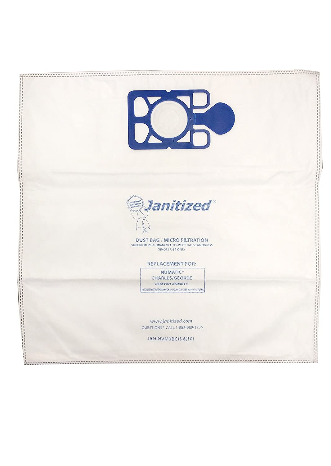 Janitized JAN-NVM2BCH-4(10) High Efficiency Premium Replacement Commercial Vacuum Bag for Nacecare and Numatic Charles/George, 300 Series Vacuum Cleaners, OEM#604016 (Case of 100)