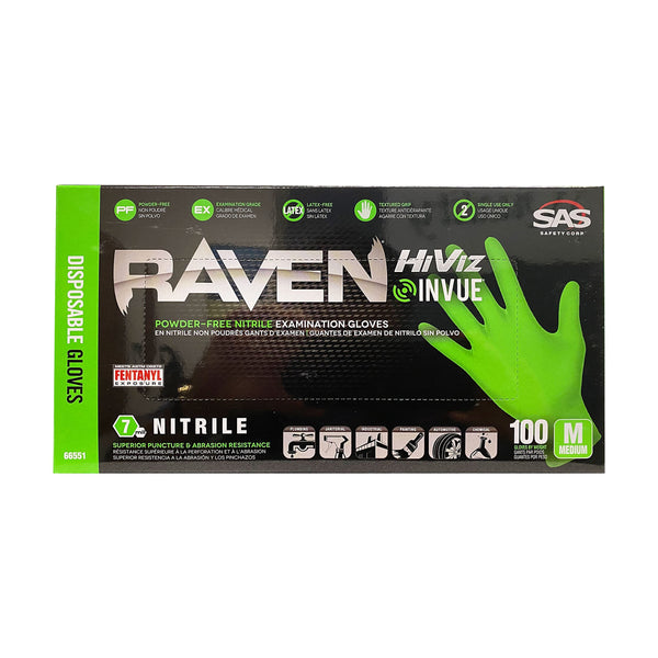 SAS Safety RAVEN HiViz Neon Green Nitrile Gloves (formerly Derma VUE), Size MEDIUM, 7 MIL, Powder Free - 10 Boxes of 100 Gloves By Weight (1000 Count)