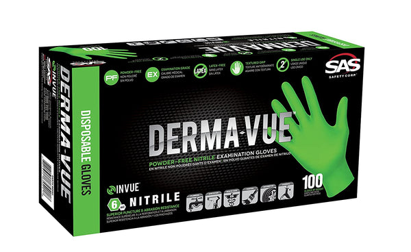 SAS Safety 66553 Derma-VUE Powder-Free Exam Grade 6 Mil Nitrile Gloves, X-Large, Neon Green