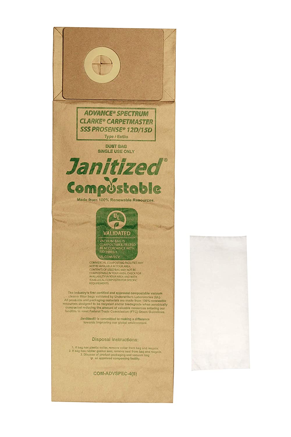Janitized COM-ADVSPEC-4(5) Compostable Paper Premium Replacement Commercial Vacuum Bag for Advance Spectrum, Clarke CarpetMaster, SSS Prosense Vacuum Cleaners Includes 2 pre-Filters (Pack of 5)