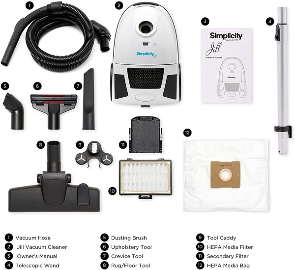 Jill Canister Vacuum Cleaner, Simplicity Jill Compact Vacuum for Hardwood Floors and Rugs, Dual Certified Hepa Filtration, Bagged