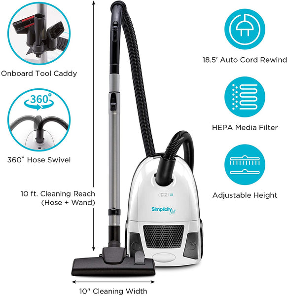 Jill Canister Vacuum Cleaner, Simplicity Jill Compact Vacuum for Hardwood Floors and Rugs, Dual Certified Hepa Filtration, Bagged