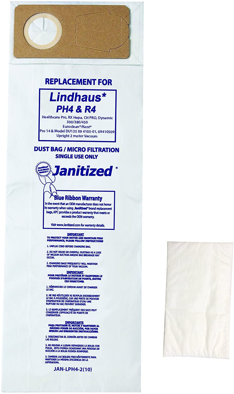Janitized JAN-LPH4-2(10) Premium Replacement Commercial Vac Bag, Lindhaus Pro, Dynamic 300/380/450, OEM#PH4, R4, 141299001, 141296200 (Pack of 10)